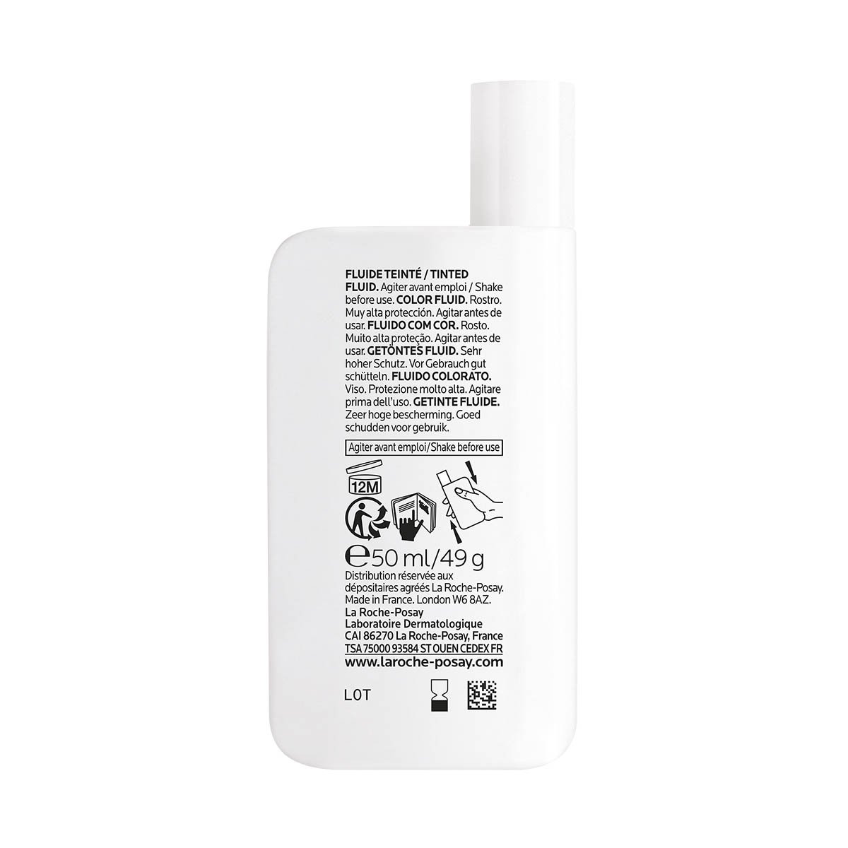 Na zdjęciu widoczny jest tył Anthelios Fluidu Barwiącego SPF 50 od La Roche-Posay