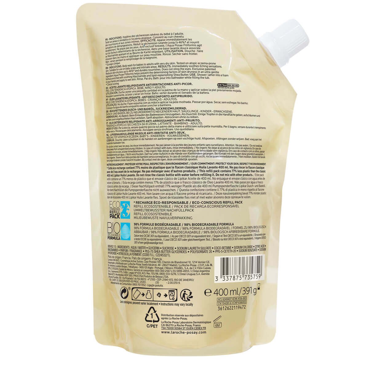 Egzema Lipikar Ekologiczna Dolewka OlejekmyjacyAP 400 ml 735759 BWS | La Roche Posay