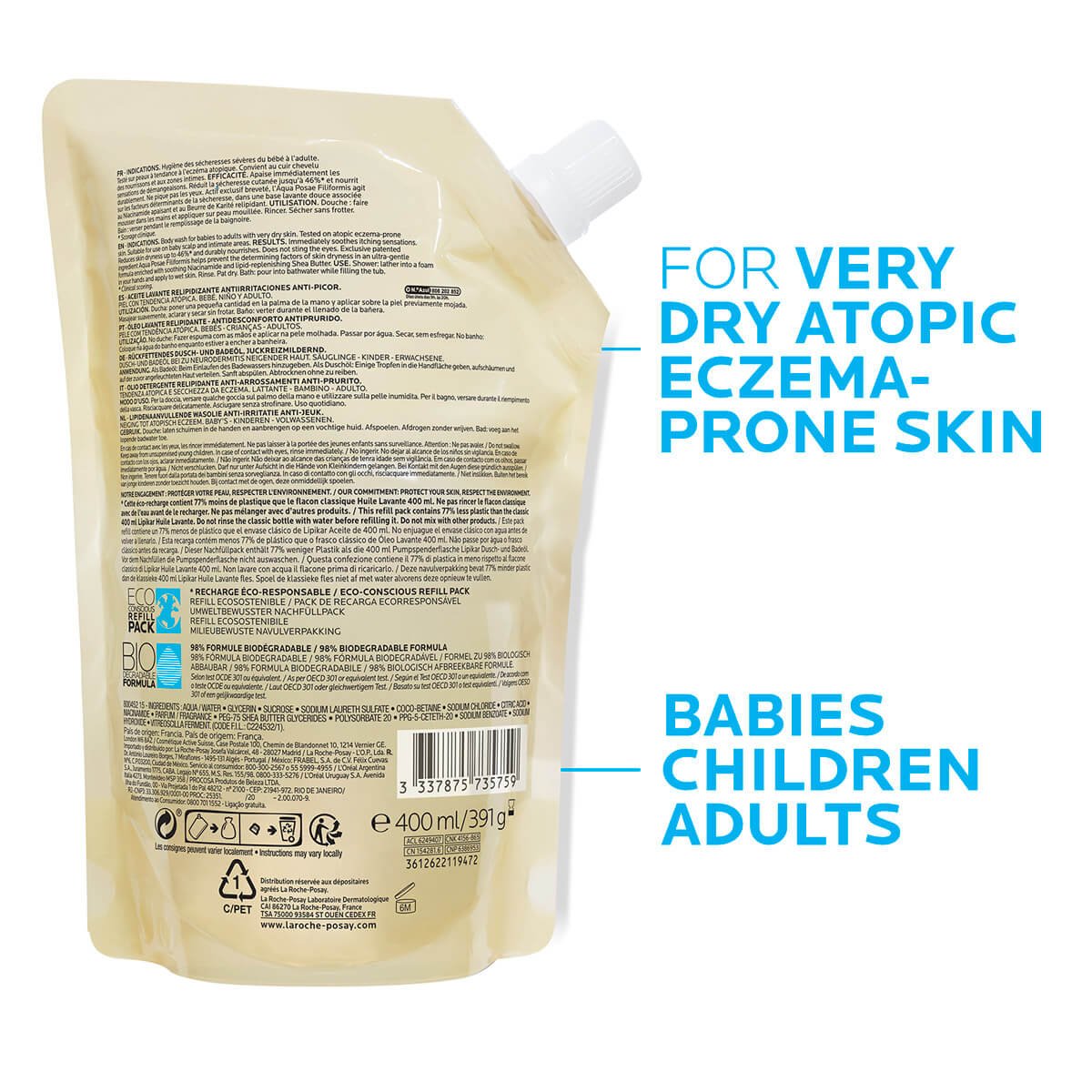 Egzema Lipikar Ekologiczna Dolewka OlejekmyjacyAP 400 ml 735759 Zblizenie BLS | La Roche Posay